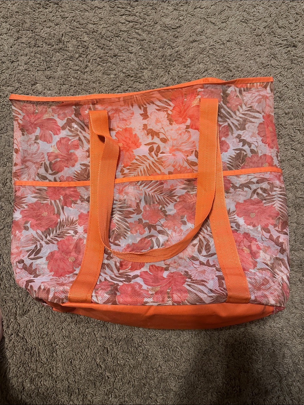 Floral Orange Mesh Tote Bag for Women